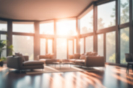 Blur image of living room with furniture at home with morning sunlight for background usage. blur interior background concept.の素材