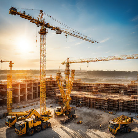 Large construction site including several cranes working on a building complex, with evening sunset, gold sunlight, construction businessの素材