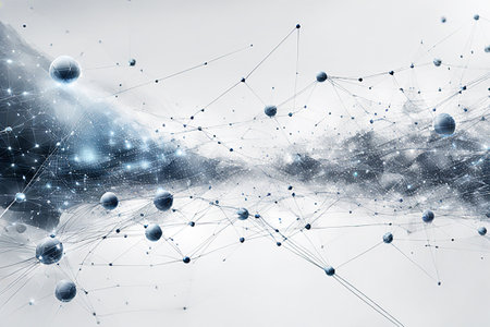 White,blue abstract technology background with a network grid and particles connected. Sci-fi digital technology with line connect networkの素材