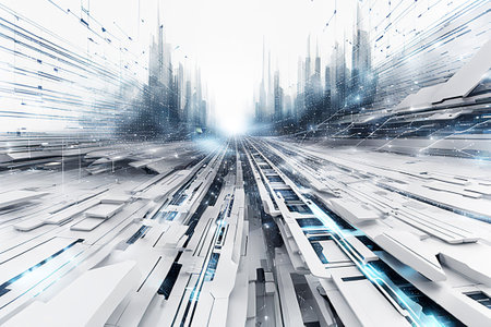 White,blue abstract technology background with a network grid and particles connected. Sci-fi digital technology with line connect networkの素材