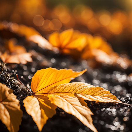 Close up beautiful maple leaves in autumn sunny day. in foreground and blurry background. sunlightの素材