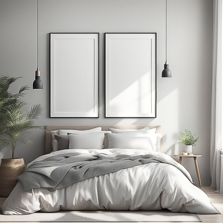 Close up blank frame mockup on shelf in the bed room. frame mockup design for advertisement, frame presentationの素材