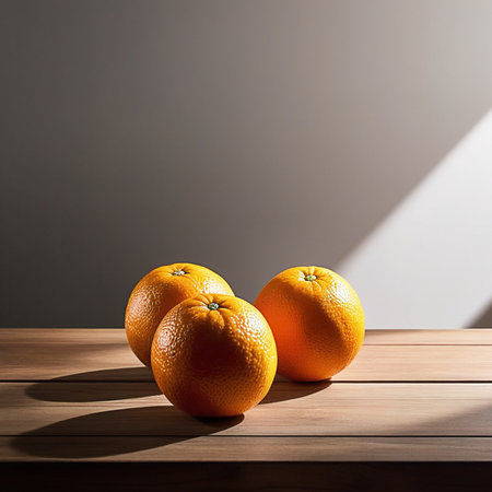 Fresh oranges on wooden table, oranges with sunlight, sweet oranges on wood background.の素材