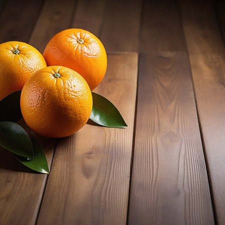 Fresh oranges on wooden table, oranges with sunlight, sweet oranges on wood background.の素材