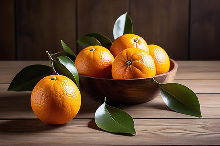 Fresh oranges on wooden table, oranges with sunlight, sweet oranges on wood background.の素材