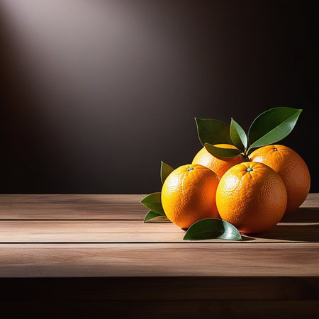 Fresh oranges on wooden table, oranges with sunlight, sweet oranges on wood background.の素材