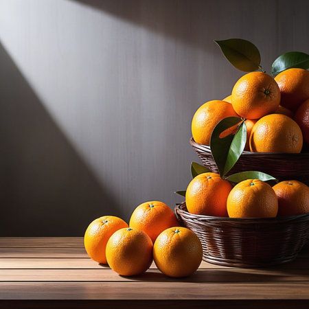 Fresh oranges on wooden table, oranges with sunlight, sweet oranges on wood background.の素材