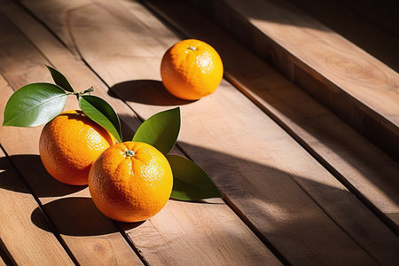 Fresh oranges on wooden table, oranges with sunlight, sweet oranges on wood background.の素材