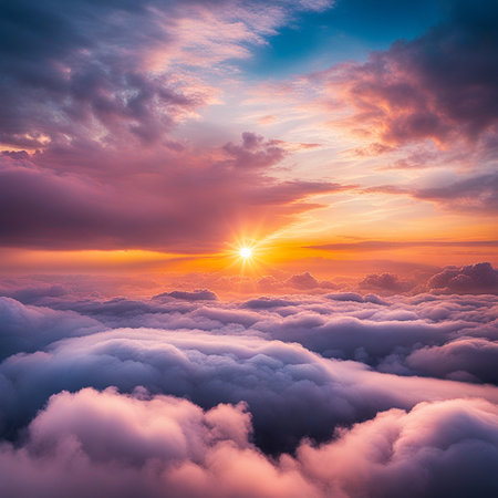 Sky,clouds background and texture. Dramatic amazing sky and clouds from above at sunset. Abstract pastel sky, coluds concept.の素材