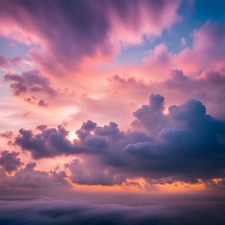 Sky,clouds background and texture. Dramatic amazing sky and clouds from above at sunset. Abstract pastel sky, coluds concept.の素材