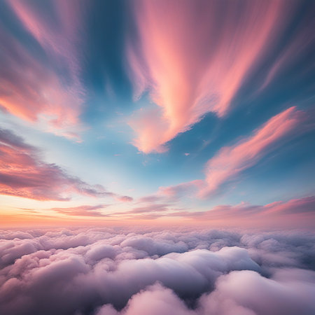Sky,clouds background and texture. Dramatic amazing sky and clouds from above at sunset. Abstract pastel sky, coluds concept.の素材