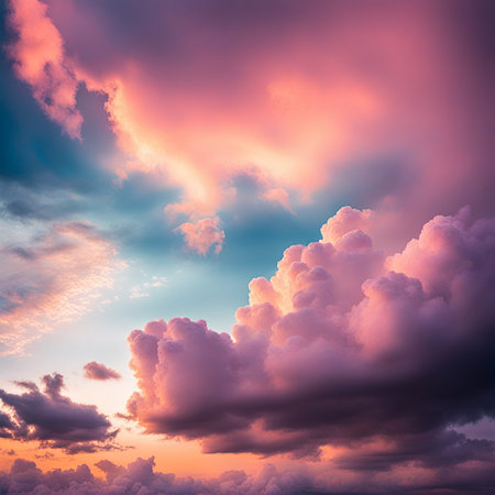 Sky,clouds background and texture. Dramatic amazing sky and clouds from above at sunset. Abstract pastel sky, coluds concept.の素材