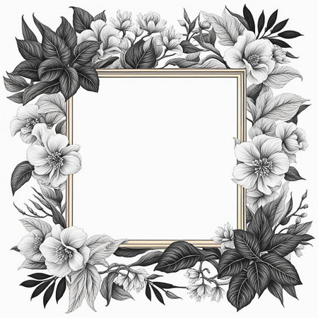 Hand drawn flower,flora border,frame, on white background, vintage,retro style.の素材