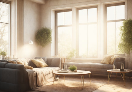 Modern contemporary living room, light and shadow, big window, interior design background for use.の素材