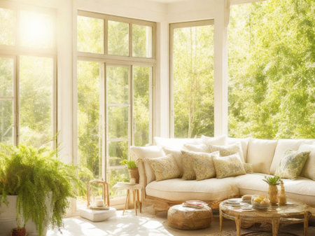 Modern contemporary living room, light and shadow, big window, interior design background for use.の素材