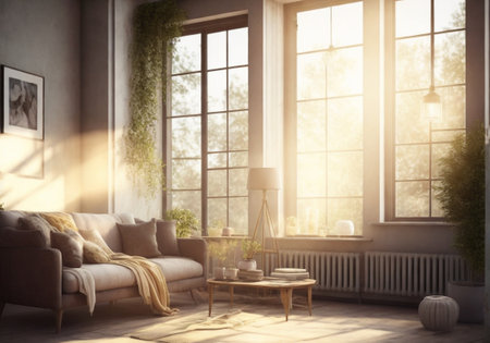 Modern contemporary living room, light and shadow, big window, interior design background for use.の素材