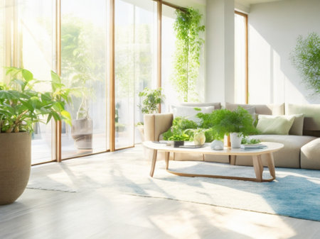 Modern contemporary living room, light and shadow, big window, interior design background for use.の素材