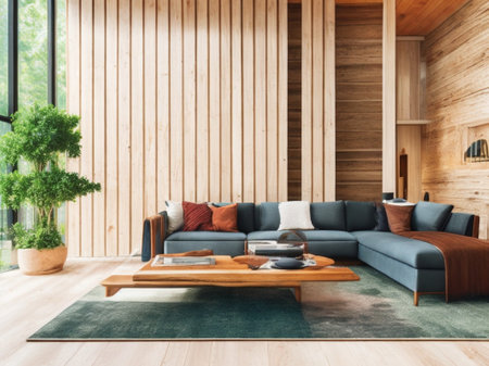 Modern contemporary living room, light and shadow, big window, interior design background for use.の素材