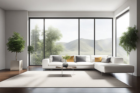 Modern contemporary living room, light and shadow, big window, interior concept.の素材