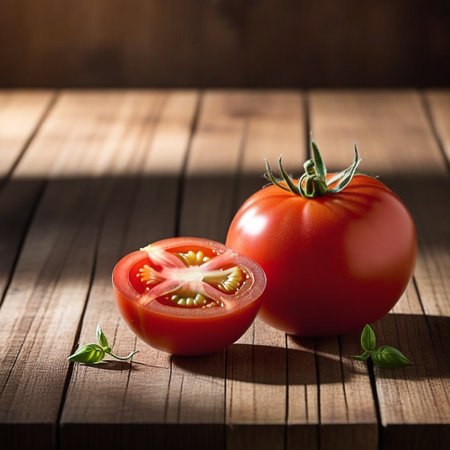 Red tomato on wooden table, highlighted from the window. Play of light and shadow. top viewの素材