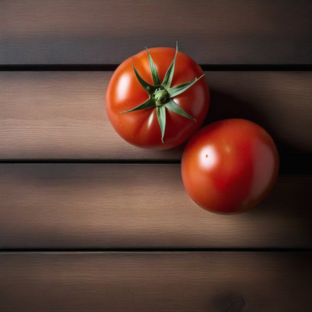 Red tomato on wooden table, highlighted from the window. Play of light and shadow. top viewの素材