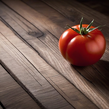 Red tomato on wooden table, highlighted from the window. Play of light and shadow. top viewの素材