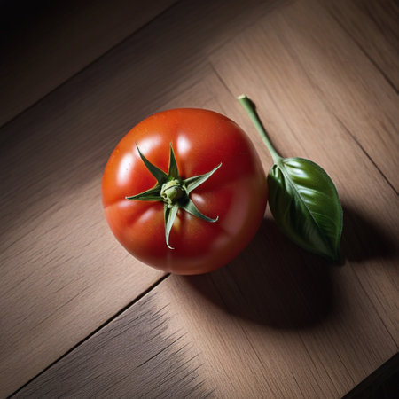 Red tomato on wooden table, highlighted from the window. Play of light and shadow. top viewの素材