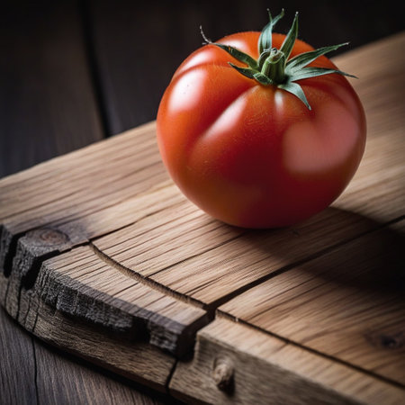 Red tomato on wooden table, highlighted from the window. Play of light and shadow. top viewの素材