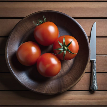 Red tomato on wooden table, highlighted from the window. Play of light and shadow. top viewの素材