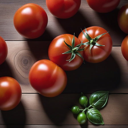 Red tomato on wooden table, highlighted from the window. Play of light and shadow. top viewの素材