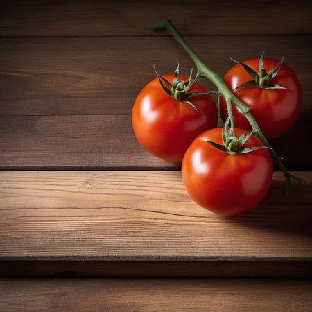 Red tomato on wooden table, highlighted from the window. Play of light and shadow. top viewの素材
