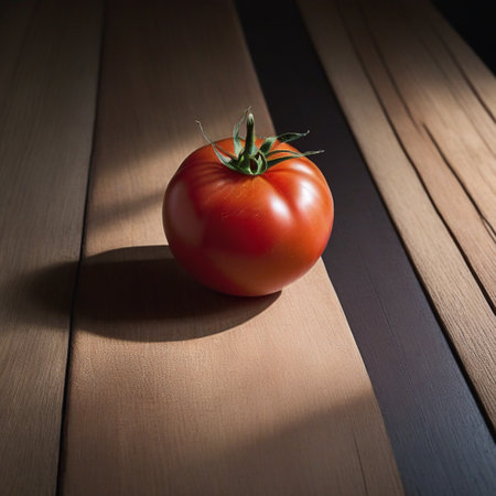 Red tomato on wooden table, highlighted from the window. Play of light and shadow. top viewの素材