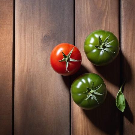 Red tomato on wooden table, highlighted from the window. Play of light and shadow. top viewの素材