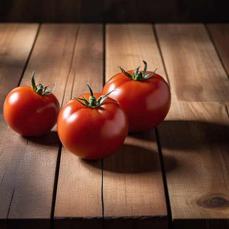 Red tomato on wooden table, highlighted from the window. Play of light and shadow. top viewの素材