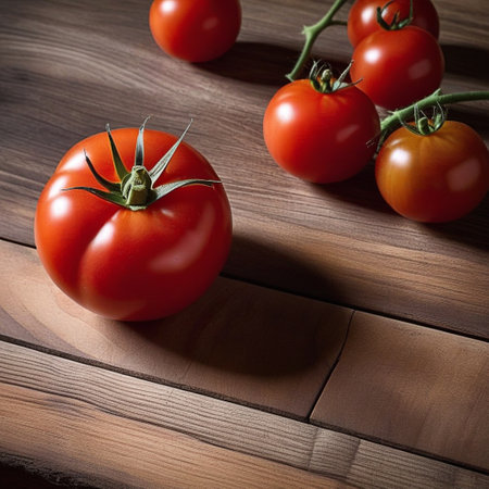 Red tomato on wooden table, highlighted from the window. Play of light and shadow. top viewの素材