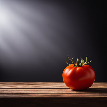 Red tomato on wooden table, highlighted from the window. Play of light and shadow. top viewの素材