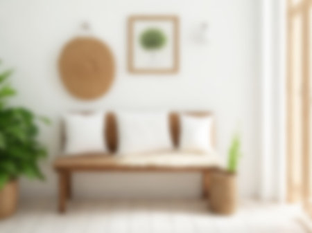 Blur living room at home with morning sunlight at big window for background usage. blur interior background concept.britht tone.の素材