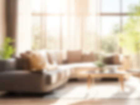 Blur living room at home with morning sunlight at big window for background usage. blur interior background concept.britht tone.の素材