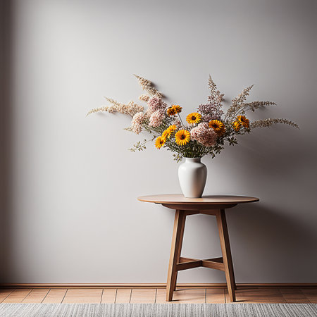 Home interior with wooden table with vase, bouquet of dried flowers near blank wall. Home interior background design with blank spaceの素材