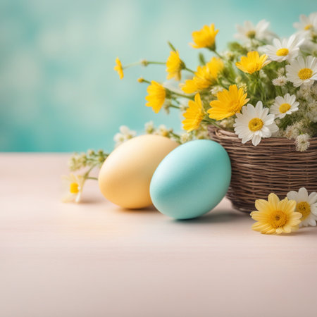 Pastel easter eggs with wildflower on pastel color background.の素材