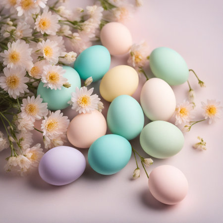 Pastel easter eggs with wildflower on pastel color background.の素材