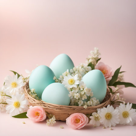 Pastel easter eggs with wildflower on pastel color background.の素材
