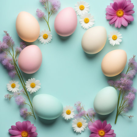 Pastel easter eggs with wildflower on pastel color background.の素材