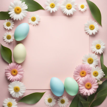 Pastel easter eggs with wildflower on pastel color background.の素材
