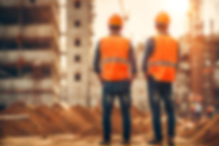 Blur images of workers in construction site. Silhouette Engineer and construction team working at site.の素材