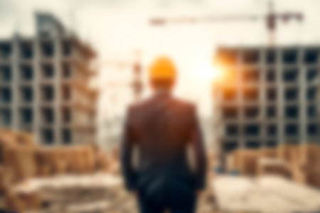 Blur images of workers in construction site. Silhouette Engineer and construction team working at site.の素材