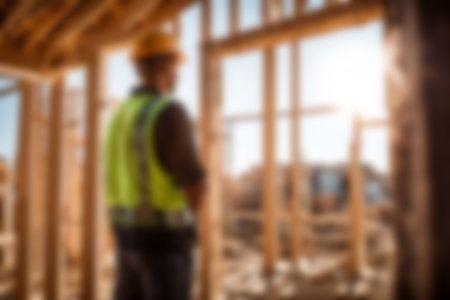 Blur images of workers in construction site. Silhouette Engineer and construction team working at site.の素材
