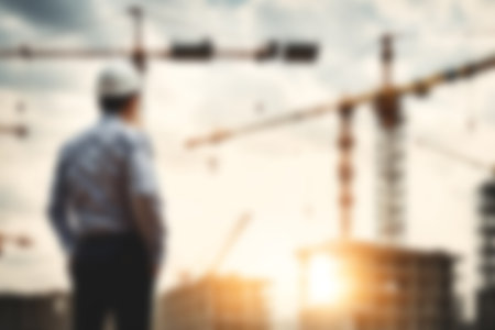 Blur images of workers in construction site. Silhouette Engineer and construction team working at site.の素材