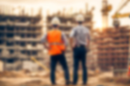 Blur images of workers in construction site. Silhouette Engineer and construction team working at site.の素材
