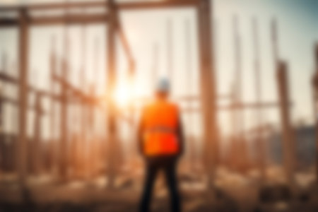 Blur images of workers in construction site. Silhouette Engineer and construction team working at site.の素材